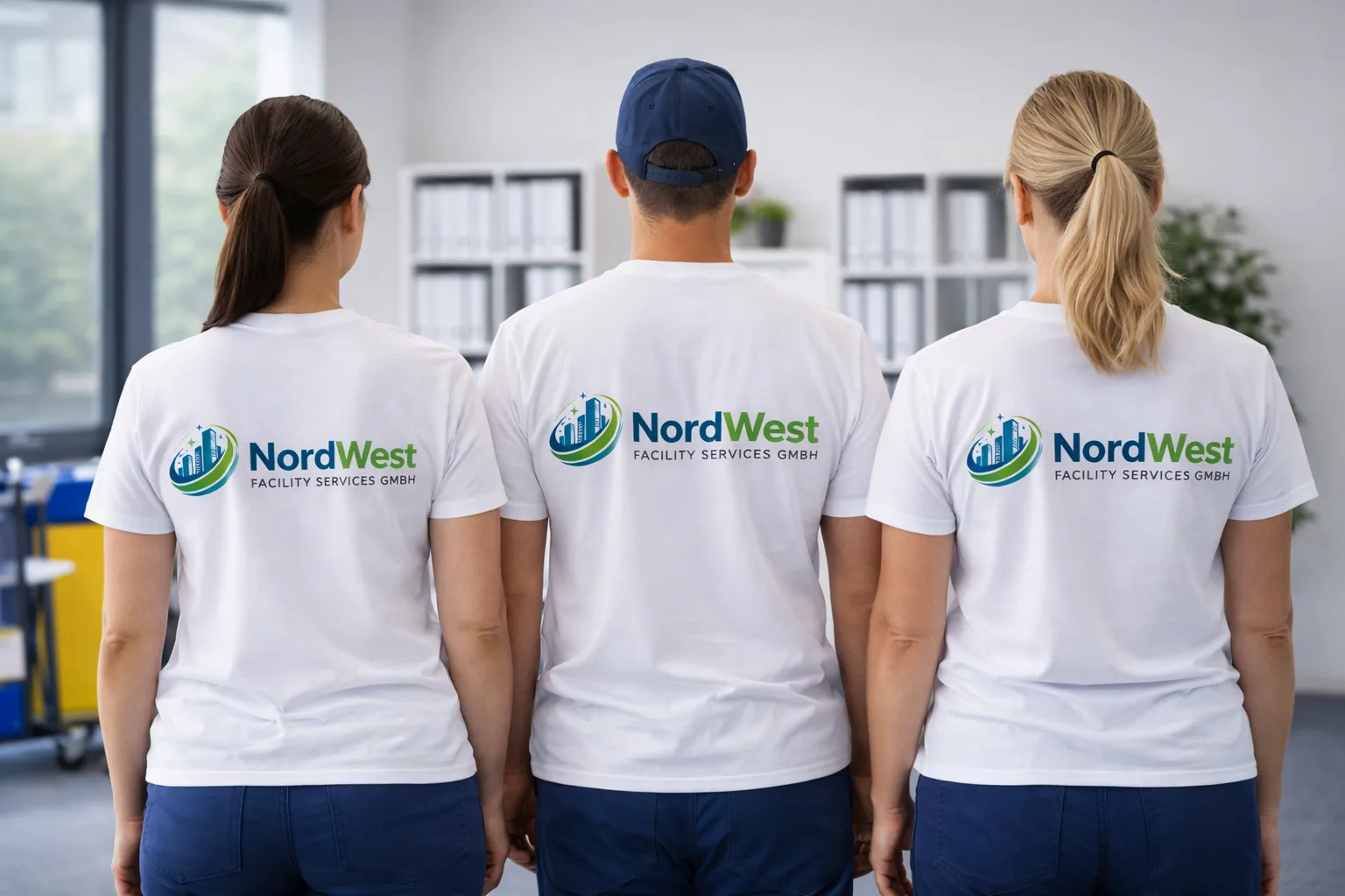 Reinigungsmitarbeiter im Büroalltag